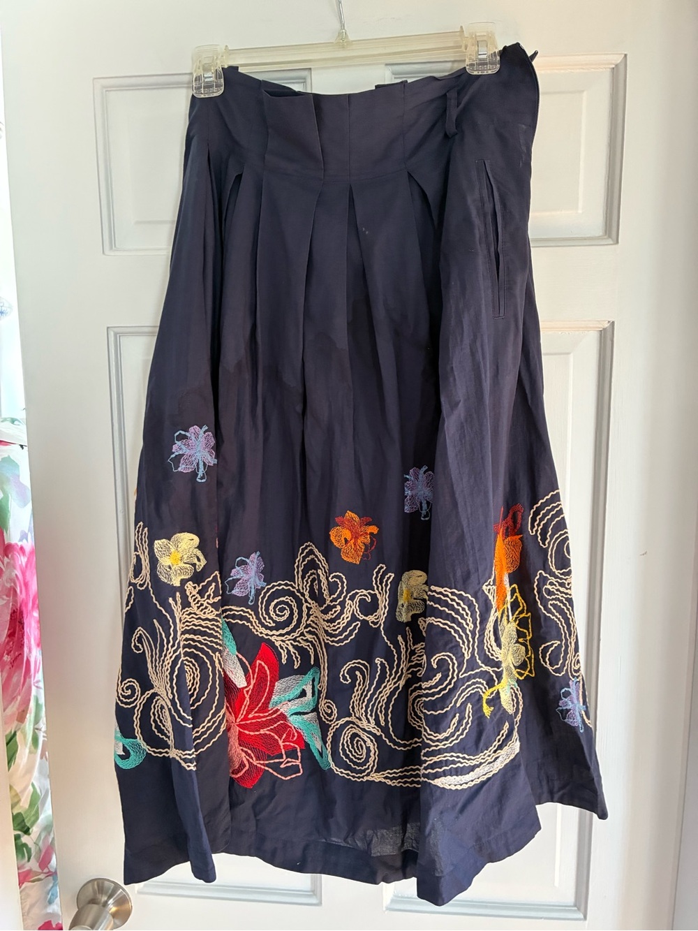IVKO Navy A-Line Midi Skirt with Multicolor Floral Embroidery